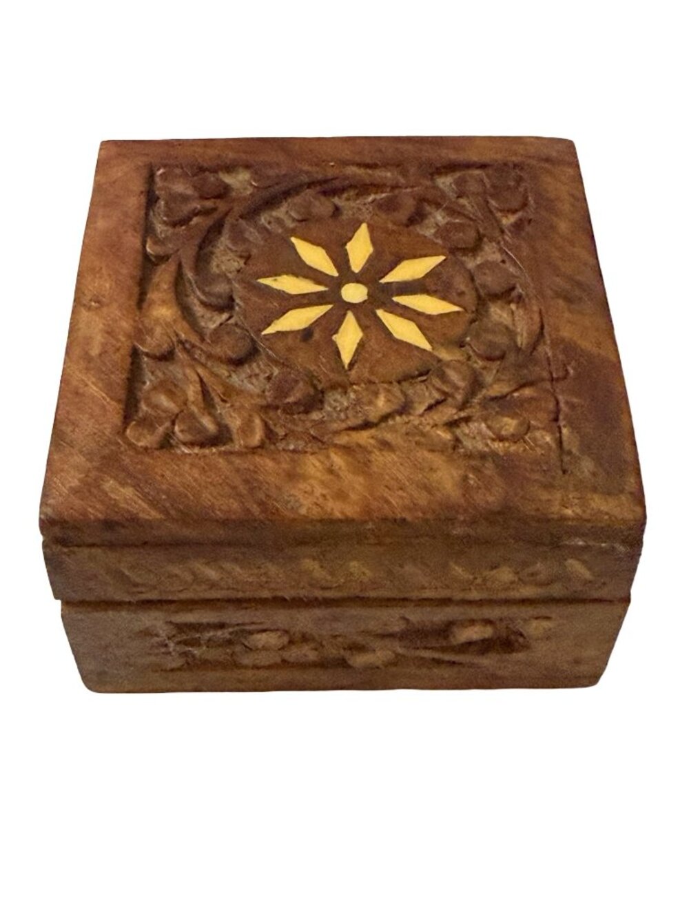 Carved Wooden Trinket Box Floral Inlay Jewelry Box Handmade Keepsake Storage Box